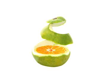 Orange in twist of pomelo peel on a white background