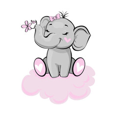 Beautiful elephant girl on a pink cloud on a white background. Vector illustration isolated for children
