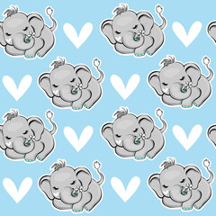 Cute elephant with a white flower on a blue background seamless pattern. Vector illustration for children
