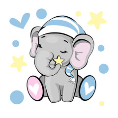 Cute little baby elephant in a hat for sleeping isolated on a white background. Vector illustration. Newborn concept