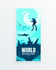 June 8 World Oceans Day vertical story template. Aqualung diver exploring underwater environment