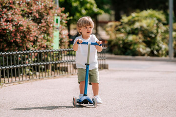 Boy learn to ride scooter in a park on sunny summer day. Preschooler boy riding a roller. Kids play outdoors with scooters.