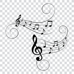 Set of music notes with swirls, vector illustration.