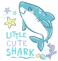 Hand drawn cute shark on a white background vector illustration. Sketch fish sea. Childish print design for fabric, t-shirts, poster, background.