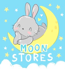 Obraz na płótnie Canvas Hand drawn cute rabbit on the moon. Print design for baby pajamas, textiles. Vector illustration.