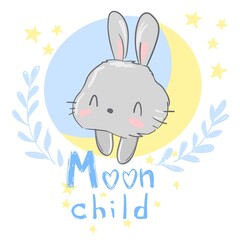 Hand drawn cute rabbit on the moon. Print design for baby pajamas, textiles. Vector illustration.