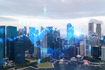 Social media icons hologram over panorama city view of Singapore, Asia. The concept of people...