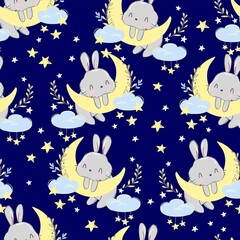 Hand drawn cute rabbit on the moon pattern seamless. Print design for baby pajamas, textiles. Vector illustration.