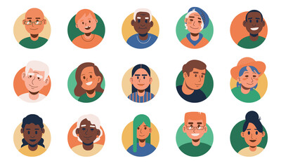 Set of avatars. Collection of round portraits of young and old people of different nationalities. 