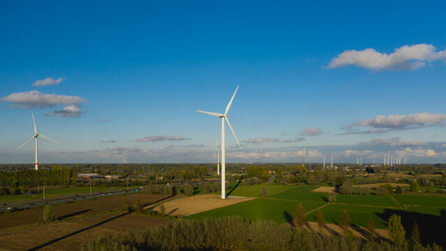 Wind turbines in Kalken, Belgium - aerial view