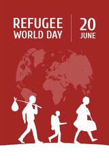 World Refugee Day on June 20 vertical poster template. Globe map, family of man, woman and child leaving motherland.