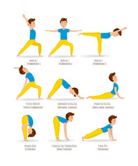 yoga basic poses. cartoon character. healthy lifestile. vector illustration isolated on white