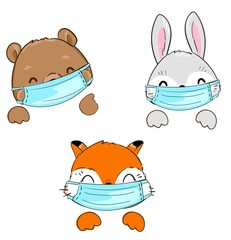 Hand drawn cute Bunny, fox, bear wearing a mask. Illustration, poster for children's hospital, medicine.Vector. Set animals