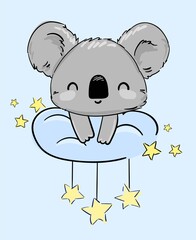  ute Koala sitting on a cloud and stars. Vector illustration. Print for home clothes, pajamas, a nightdress, textiles. Childish design.