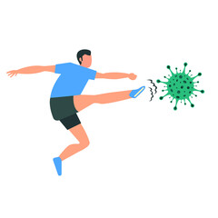 Fototapeta na wymiar Kick Coronavirus icon in trendy flat style isolated on white background. Kick corona symbol for your web site design, logo, app, UI. Vector illustration, EPS10. Covid-19 Coronavirus concept