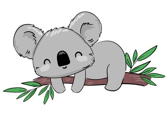 Koala on the tree branch. Hand drawn cute childish illustration. Print design. Vector illustration.