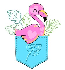 Cute Flamingo sits in a pocket childish print. Children's theme for textiles, fashion. Trends summer prints vector illustration.