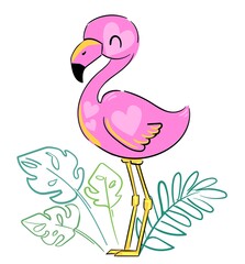 Hand Drawn Cute Flamingo. Vector Illustration. Summer Print Design, children print on t-shirt