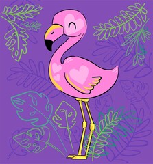 Flamingo on the background of tropical leaves. Childish print for textiles, t-shirts, background. Bright beautiful trend prints summer vector illustration.
