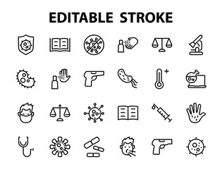 CORONAVIRUS set of icons on the theme of coronavirus, contains icons such as antiseptic, hand washing, mask, bacteria, sneezing, temperature Editable stroke, Vector illustration