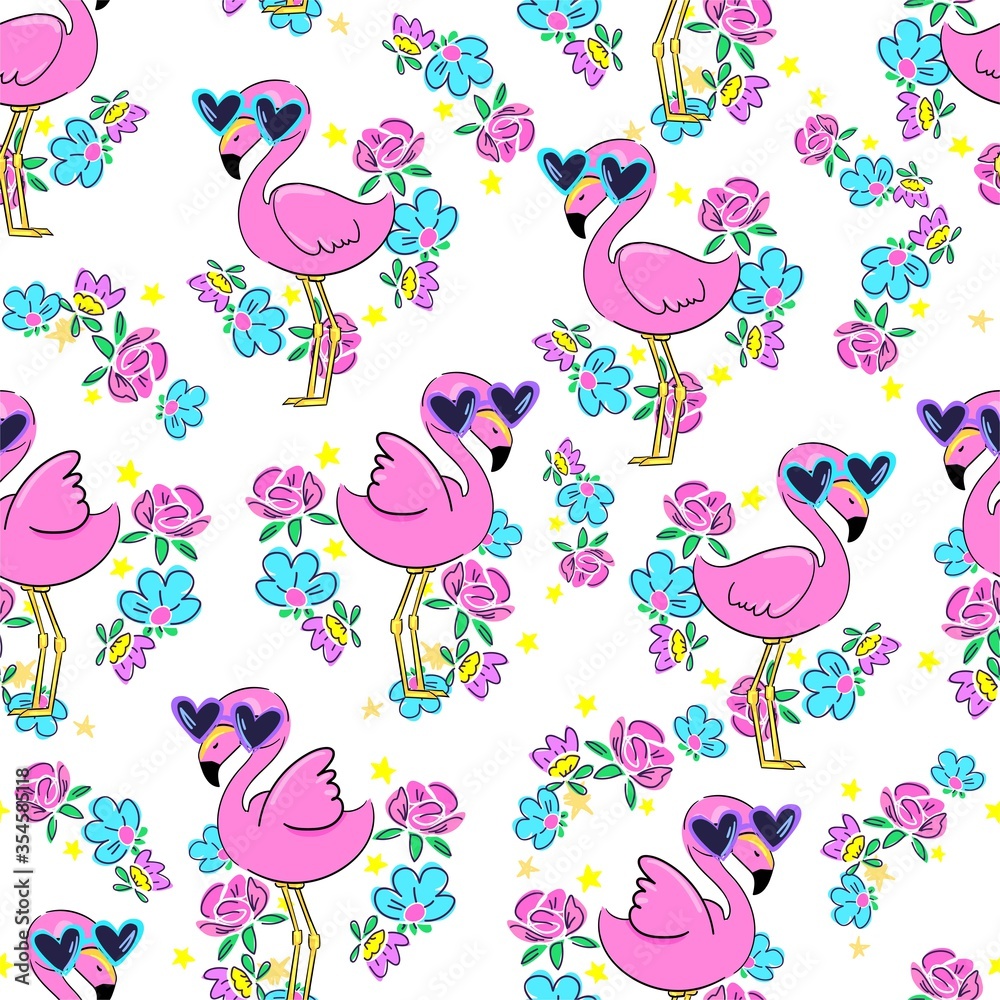 Poster cute pink flamingo in glasses and flowers beautiful background pattern. print for textiles. vector i