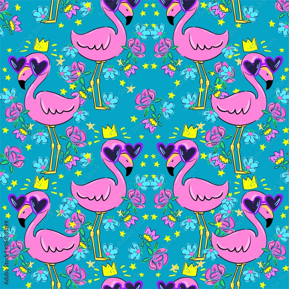 Aufkleber Pair of flamingos in sunglasses and in a crown with a flowers pattern seamless background. Tropical print for textiles. Vector illustration.