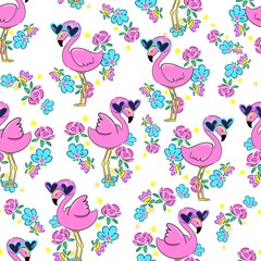 Cute pink flamingo in glasses and flowers beautiful background pattern. print for textiles. vector illustration