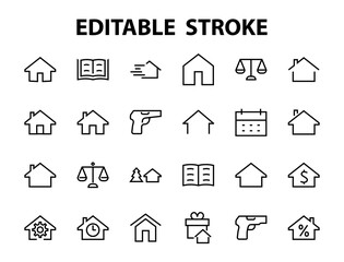 Simple set of line vector home icons. Contains house symbols at interest, infuse house and more. Editable stroke. 480x480 pixels perfect