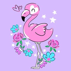 Obraz premium Hand Drawn Pink flamingo and flowers. Print for textiles, t-shirts, fashion. Vector illustration.