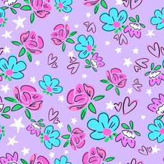 Flowers background print for textile. Cartoon flowers beautiful illustration for the fabric. Design ornament pattern seamless. Vector