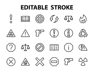 A simple set of WARNINGS, thin vector lines. Contains ICONS such as a warning, exclamation mark, reuse, warning sign, and more. Editable stroke. 48x48 Pixel Perfect. Vector illustration