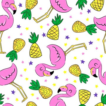 Beautiful Flamingos and a Pineapple on an abstract tropical pattern seamless background. Print design for textiles. Trend fabric children's theme spring summer. Vector illustration.