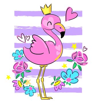Hand Drawn Pink flamingo and flowers. Print for textiles, t-shirts, fashion. Vector illustration.