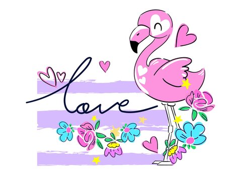 Hand Drawn Pink flamingo and flowers. Greeting card for Valentine's Day. Print for textiles, t-shirts, fashion. Vector illustration. Love