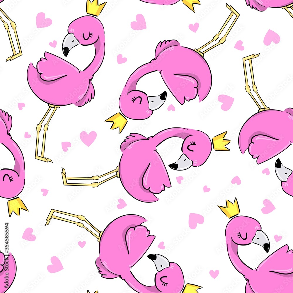 Aufkleber Hand drawn Cute Flamingo in a crown with heart pattern seamless background. Tropical print for textiles. Vector illustration.