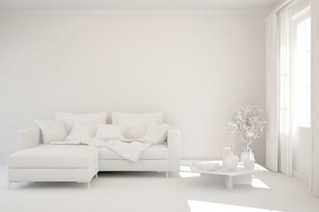 White minimalist living room with sofa. Scandinavian interior design. 3D illustration