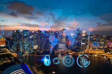 Glowing hologram of Earth planet map on aerial panoramic cityscape of Singapore at sunset, Asia. The concept of international business. Multi Exposure.