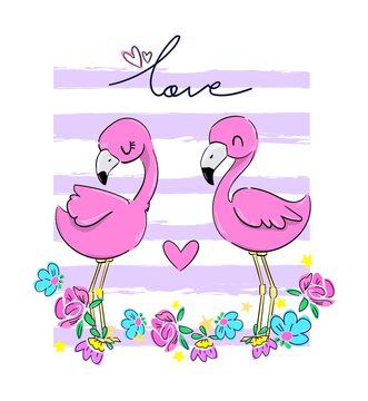 Valentine's day greeting card. A pair of pink flamingos with heart isolated on white background. Vector illustration
