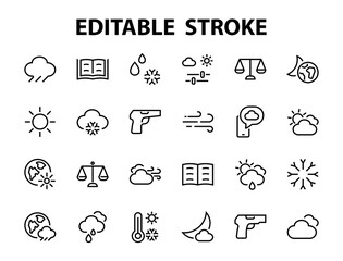 WEATHER set of icons, icons such as weather forecast and clouds, wind, rain, snow, weather settings and sunny weather and much more. Editable stroke, simple vector lines