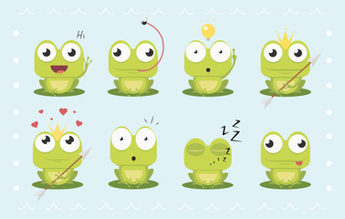 Cartoon Frog Emotions. Vector Frog with arrow. Vector Set of Frog. Flat frog in different actions. Sitting, ridiculous,sleeping, laughing, scared, falling in love. Expression vector