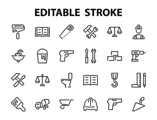 Set of construction icons, simple vector lines, contains the following icons: builder, roller, hammer with wrench, toilet bowl and much more. Editable stroke. 48x48 pixels perfect, white background