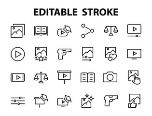 Set of Images Gallery vector line icons. Contains icons such as video, play video, edit images, Business Training, like photo. Editable stroke. Vector illustration