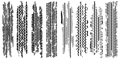 Tire tracks set with dirty grunge texture. Wheel tyre tread print. Vector illustration. © metelsky25