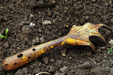 Manual, garden Ripper of the earth. Gardening. A close-up cultivation tool lying on the ground. The...