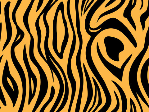 Tiger skin - seamless pattern. Vector printing illustration for fabric. Fashion style trendy stripes. African motifs pattern for clothes. Zebra black lines on an orange background.