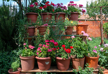 assorted colorful fresh flowers in flowerpots