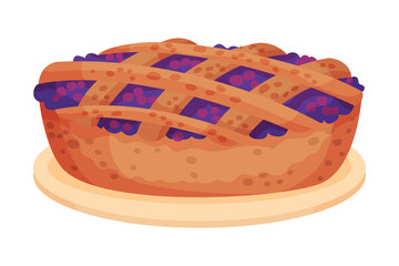 Plum Pie Rested on Plate Isolated on White Background Vector Illustration