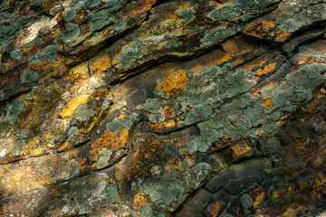 Textural part of the rock with moss and cracks