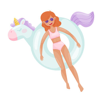 Young Woman Character Floating On Rubber Swim Tube Of Unicorn Shape In Swimming Pool Vector Illustration