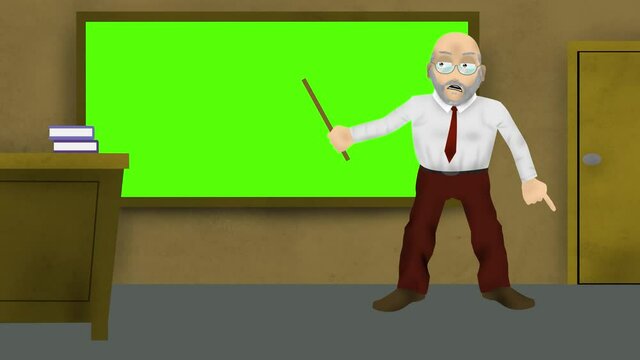 Elderly male Teacher or Professor teaching with a wooden Stick in front of a Green Screen Blackboard, you can place your content here. Chroma Key, Full loopable Cartoon Animation